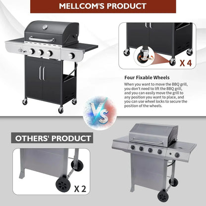Upgraded 4 Burner BBQ Propane Gas Grill with Cast Iron Grates & Side Stove, 44,000 BTU Stainless Steel Burner Barbecue Grill for Patio, Camping, Outdoor Cooking.
