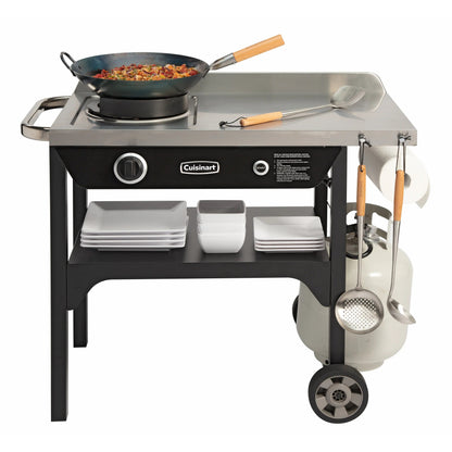 Cuisinart Outdoor Wok Station, 50,000 BTU Propane Outdoor Wok Burner w Prep Table, 14锟芥�锟斤拷 Carbon Steel Wok for Stir Fry, Searing, BBQ 锟斤拷 Black
