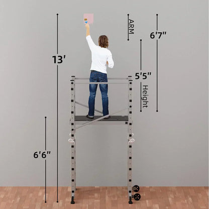 Foldable Scaffolding Ladder, Multipurpose Rolling Work Platform, Scaffold Tower, Ladder Stool Bench, Adjustable Platform, 330 Lbs Duty Rate