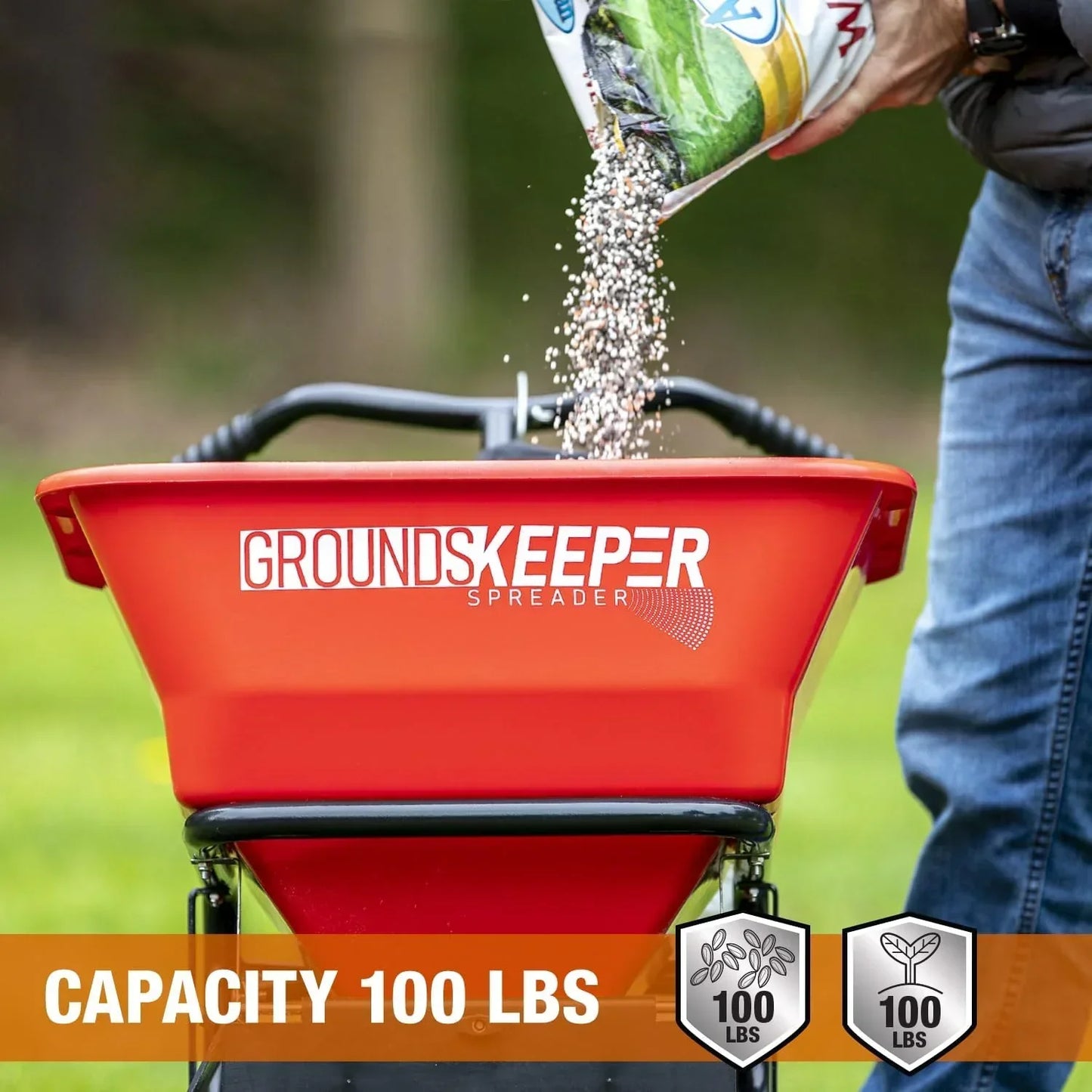 Walk Behind Push Spreader, 100lb Capacity, For Salt, Ice & Snow Melt, Included Grate & Cover With Enclosed Gearbox for Protection.